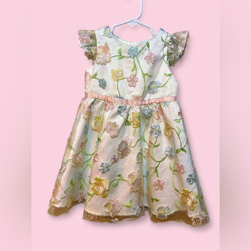Toddler 3T Floral Embroidered Dress • Ivory Pastel Tulle Spring Party